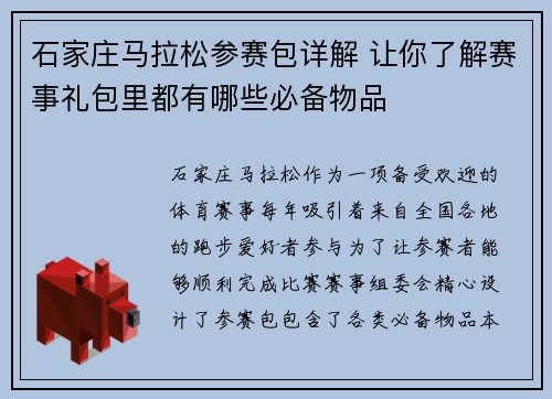 石家庄马拉松参赛包详解 让你了解赛事礼包里都有哪些必备物品